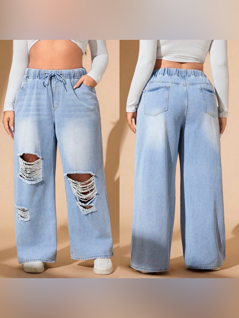 SHEINCurve Light Blue High-Waist Distressed Wide-Leg Jeans with Drawstring